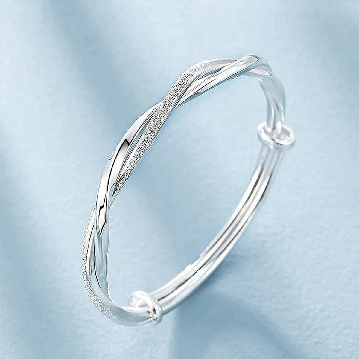 Adjustable 925 Sterling Silver Geometric Bangle Bracelet for Women