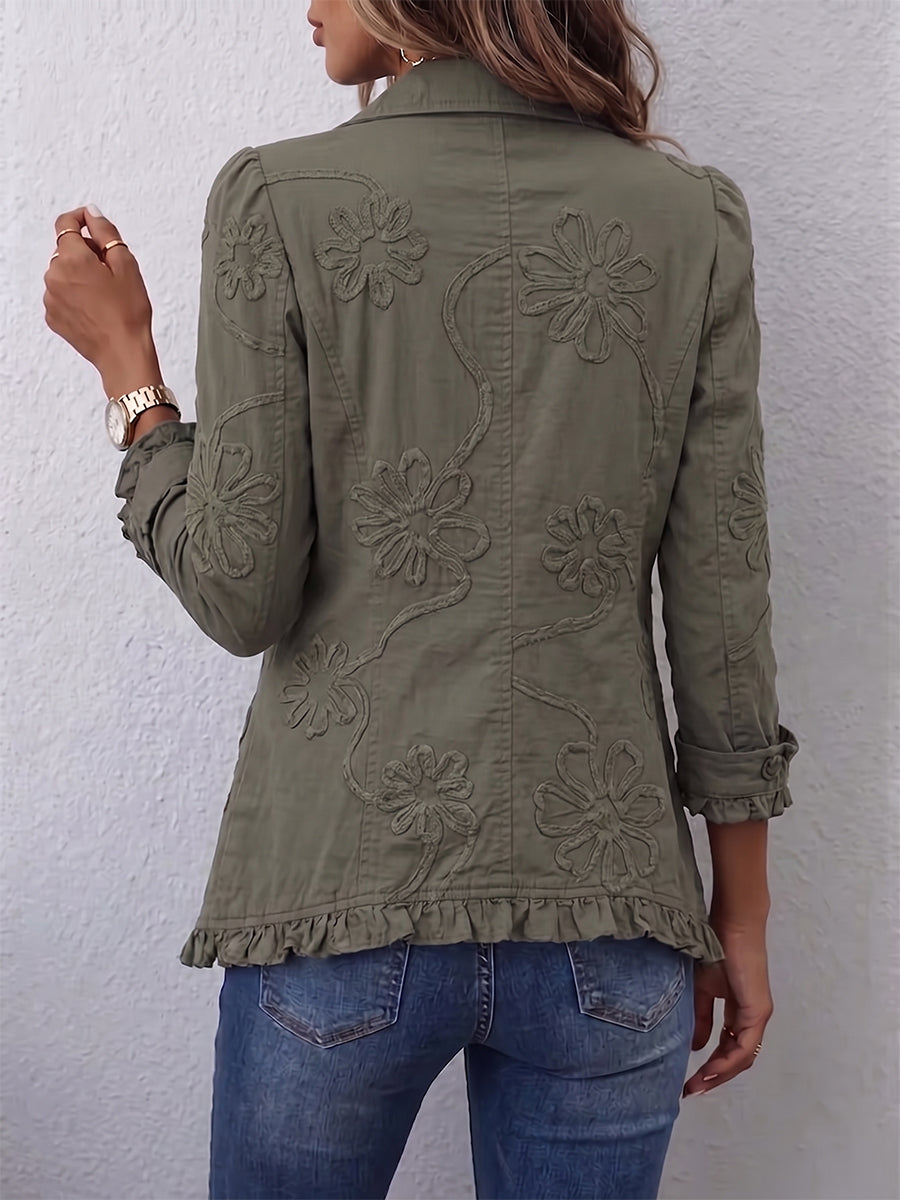 Boho Floral Embroidered Ruffle-Trim Utility Jacket
