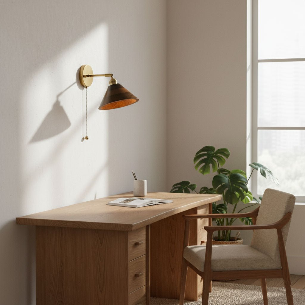 Brass & Walnut Wood Wall Sconce - Dome Shade - Vintage Style - Hardwired Lighting - Image 5