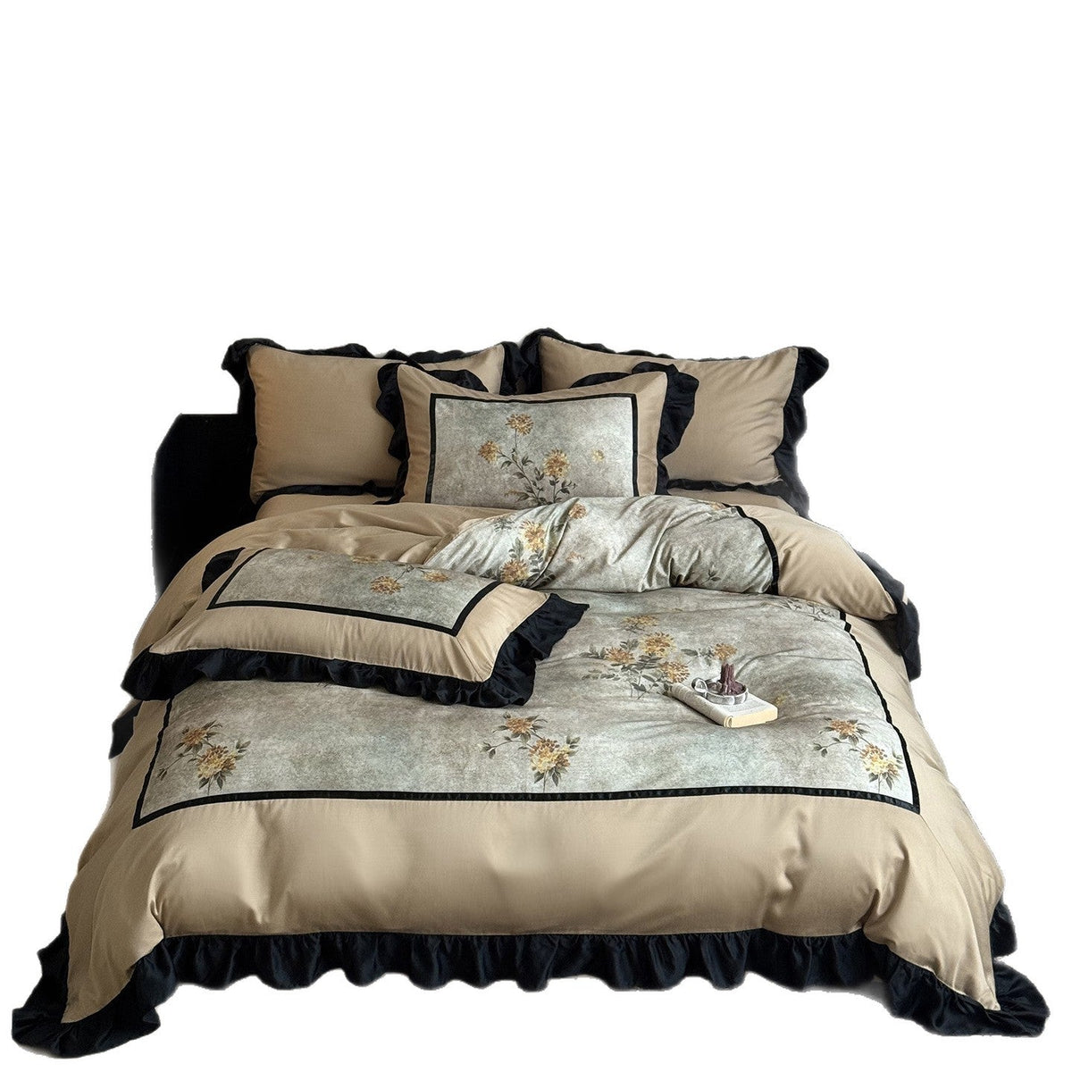 Cotton Bedding Set with Floral Panel and Decorative Ruffles