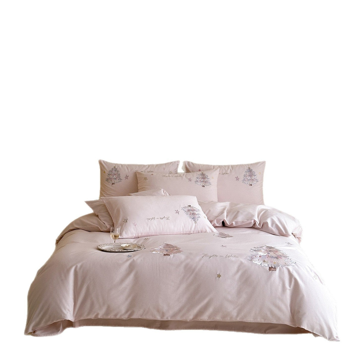 Delicate Cotton Sateen Bedding Set with Pastel Embroidered Christmas Tree Appliques