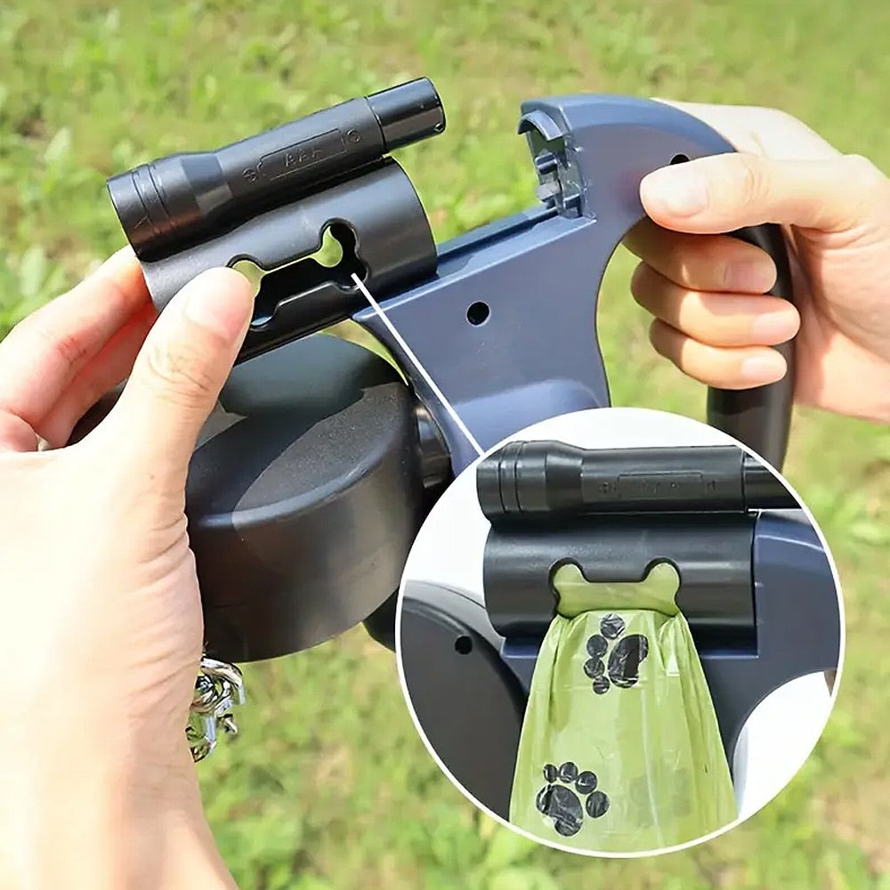 Double Dog Leash with Built-in LED Light and Dog Bag Holder