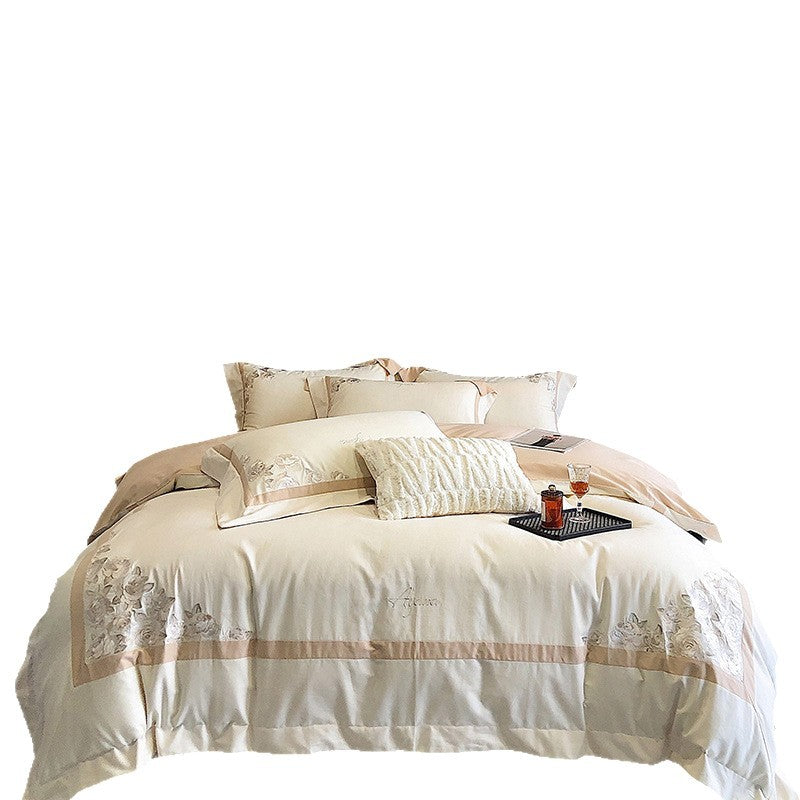 Hotel-Style Cotton Sateen Bedding Set with Rose Relief Embroidery and Border Trim
