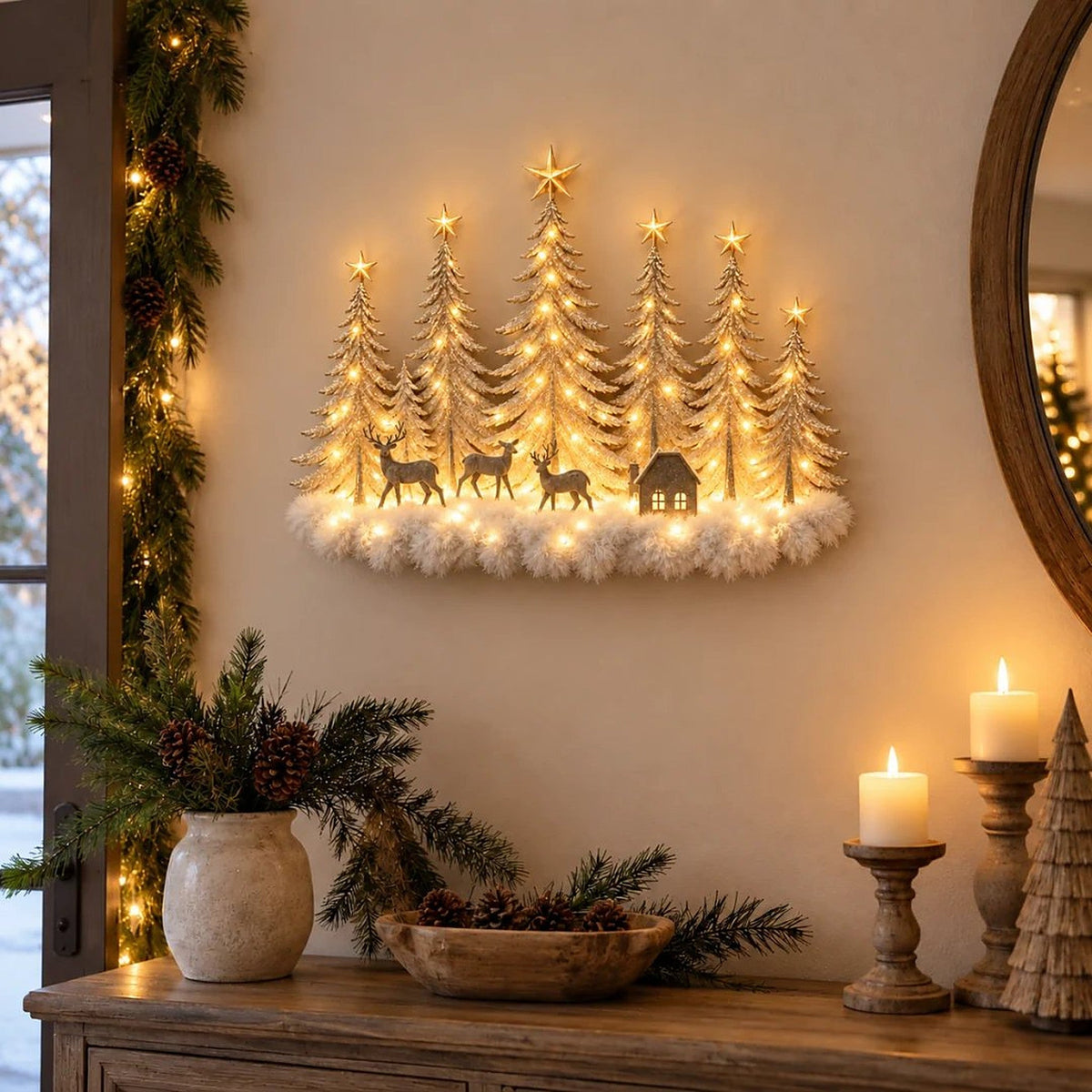 Illuminated Winter Forest Wall Decor - 3D Christmas Landscape with Deer and Warm LED Light