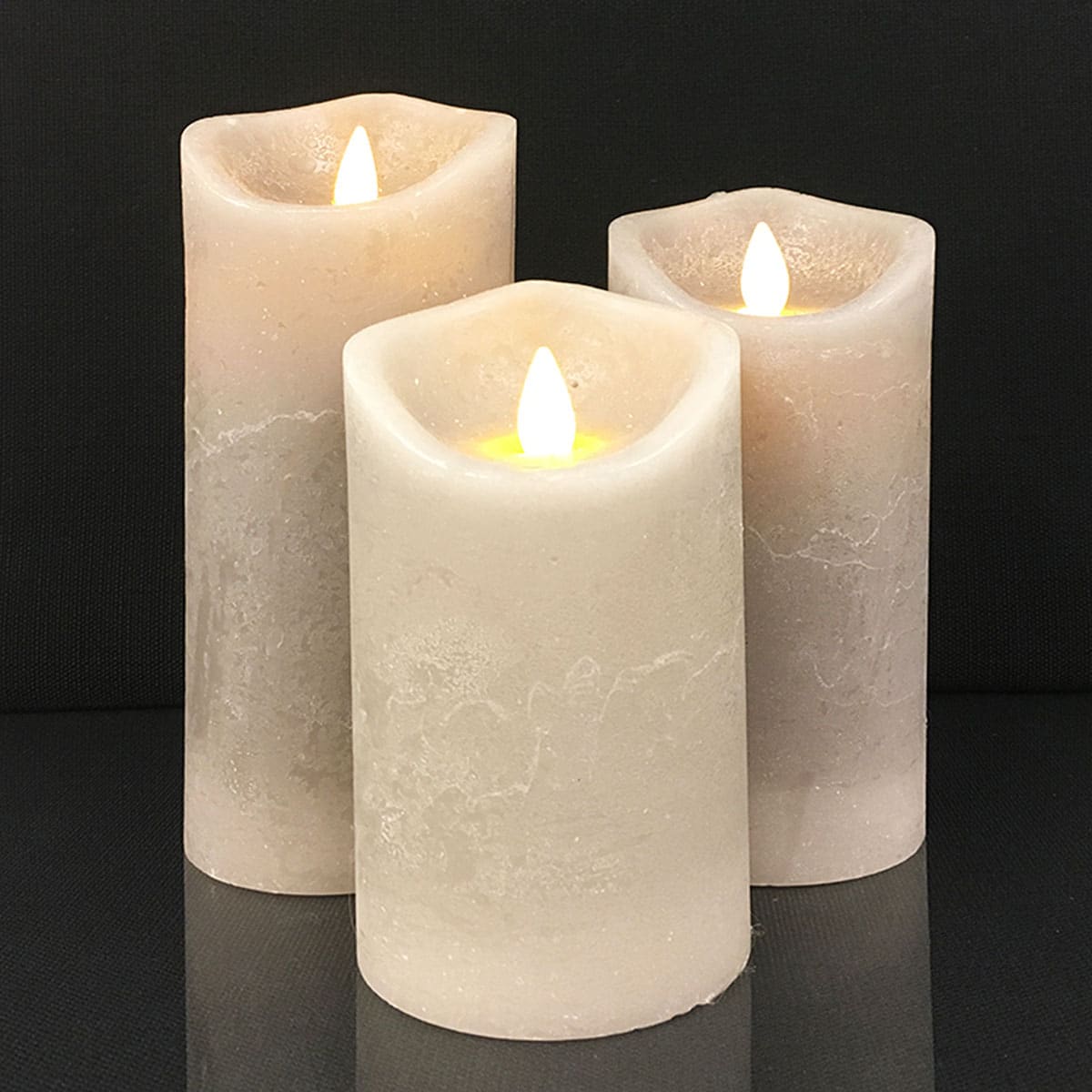LED Rustic Pillar Candles - Pack of 3 - 10/12.5/15 cm - with 3D Flame - Multiple Colours