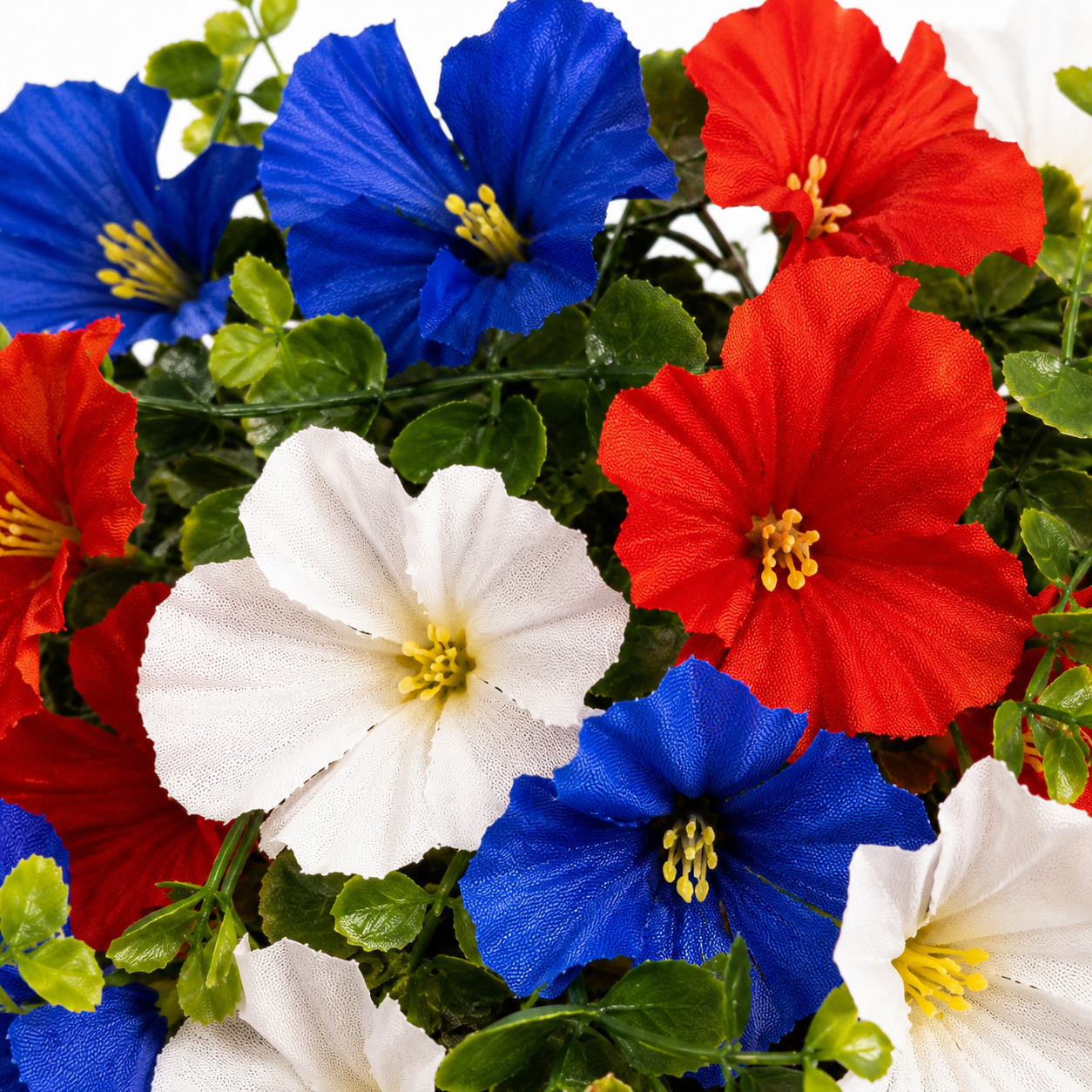Liberty Bloom Patriotic Hanging Flower Basket with LED Lights, Red, White, and Blue Silk Blooms for July 4th Porch Decor