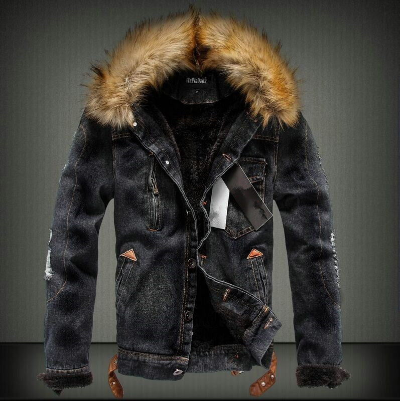 Men's Denim Trucker Jacket with Teddy Lining, Faux Fur Hood, and Distressed Details