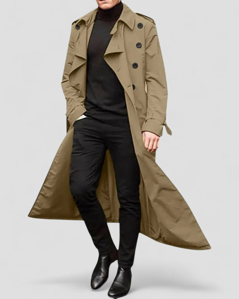 Men's Long Double-Breasted Trench Coat in Modern Style