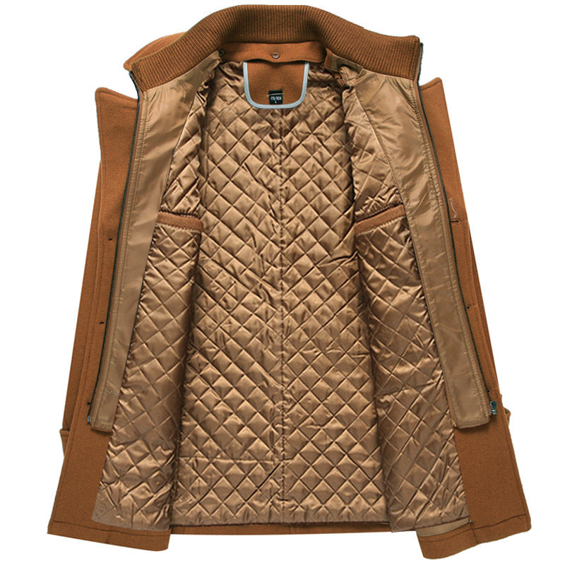 Men's Quilted Long Wool Coat with Stand Collar and Zip Front