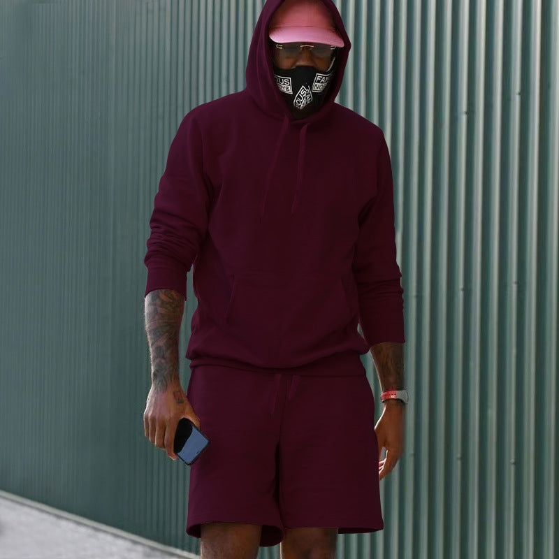 Men's Two-Piece French Terry Lounge Set with Hoodie and Sweat Shorts Featuring Kangaroo Pocket and Drawstring