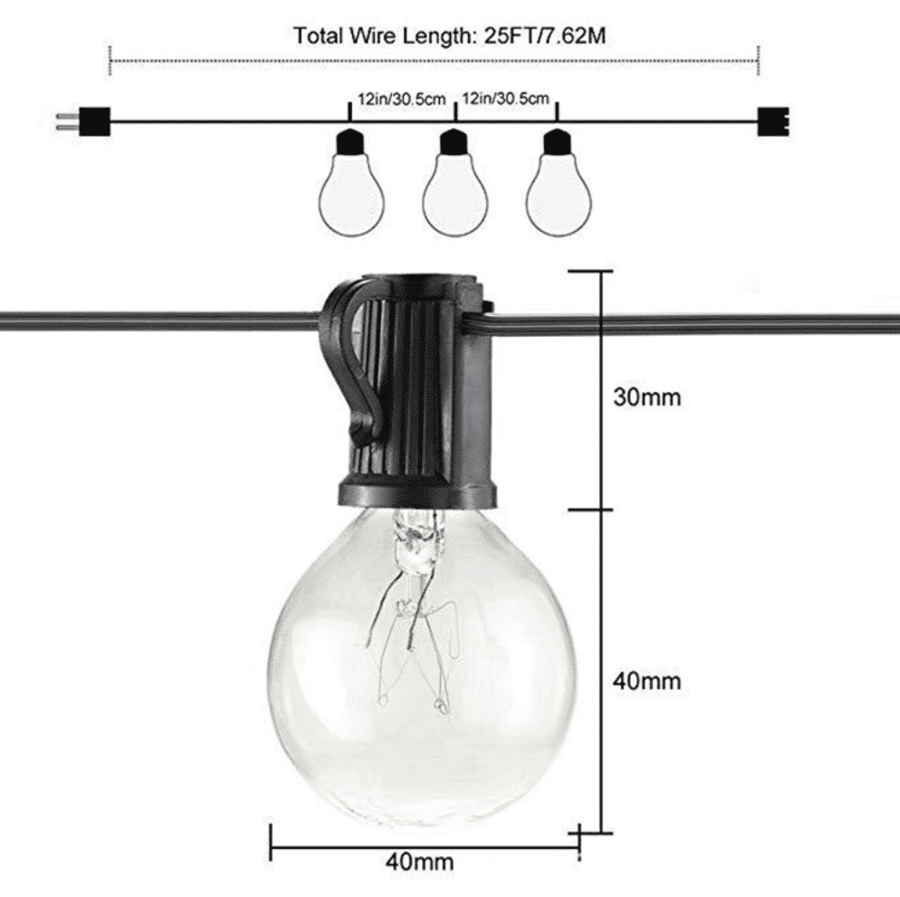 Outdoor and Indoor String Lights with 25 G40 Vintage Incandescent Bulbs ( Approx. 7.5 Meters - Extendable )