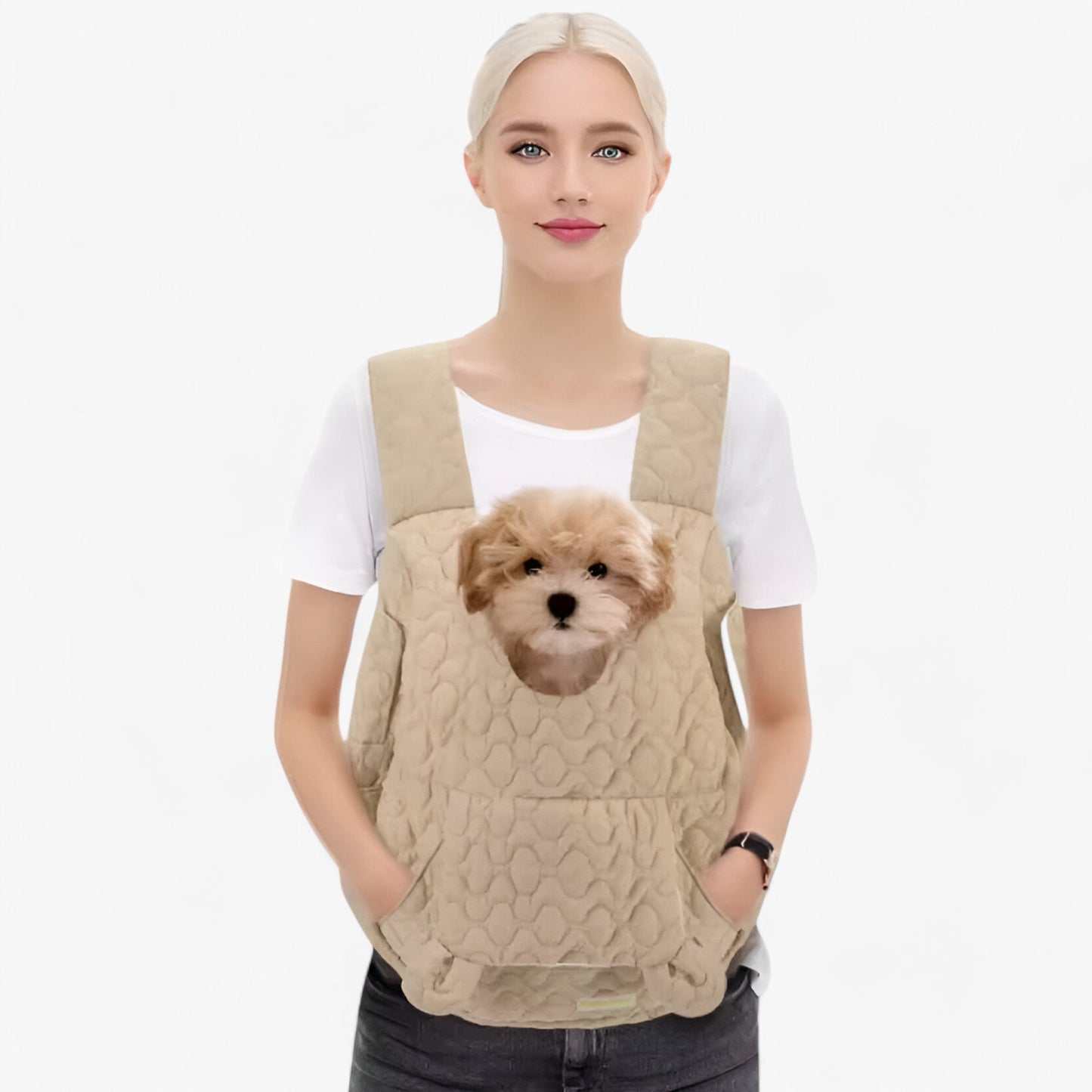 Pet Carrier - Quilted Cotton - Front Carrying Bag - Comfortable Dog & Cat Carrier - Beige - Image 8