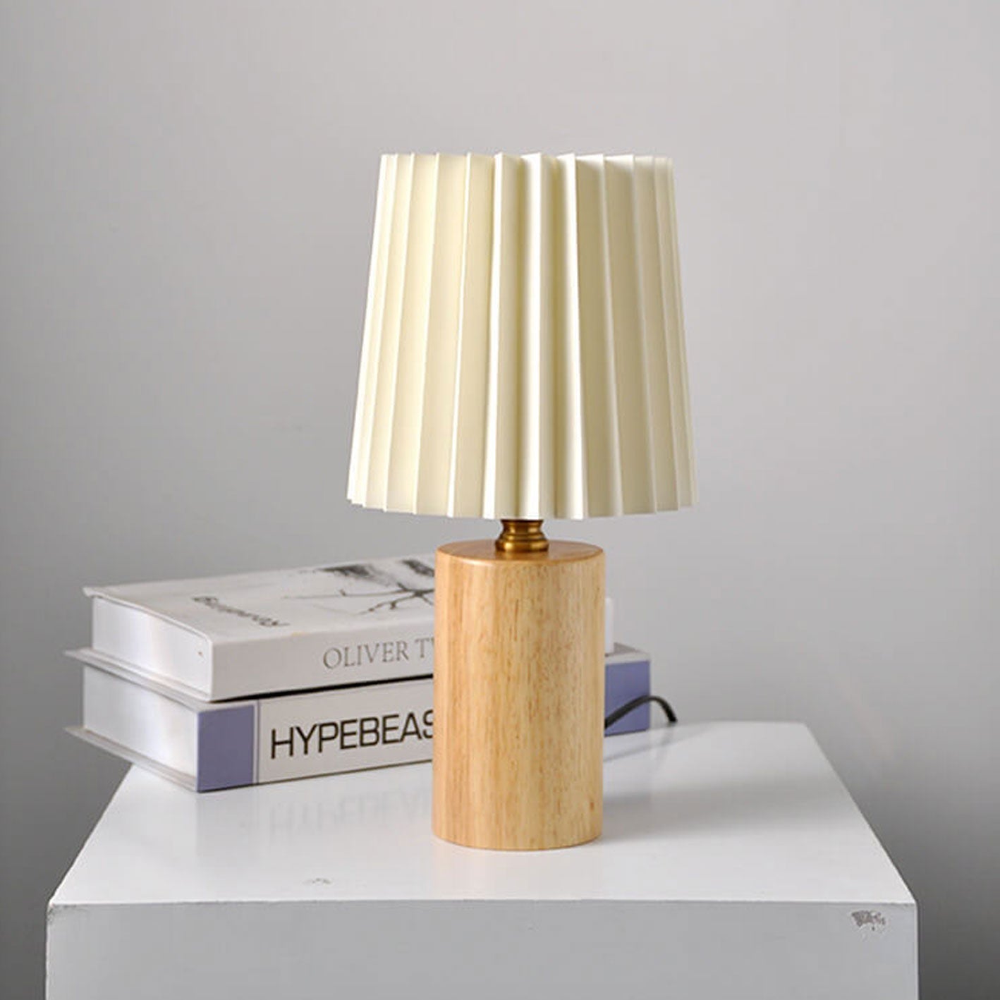 Pleated Fabric Table Lamp - Cylinder Solid Wood Base - Stylish LED Desk Light - Image 7