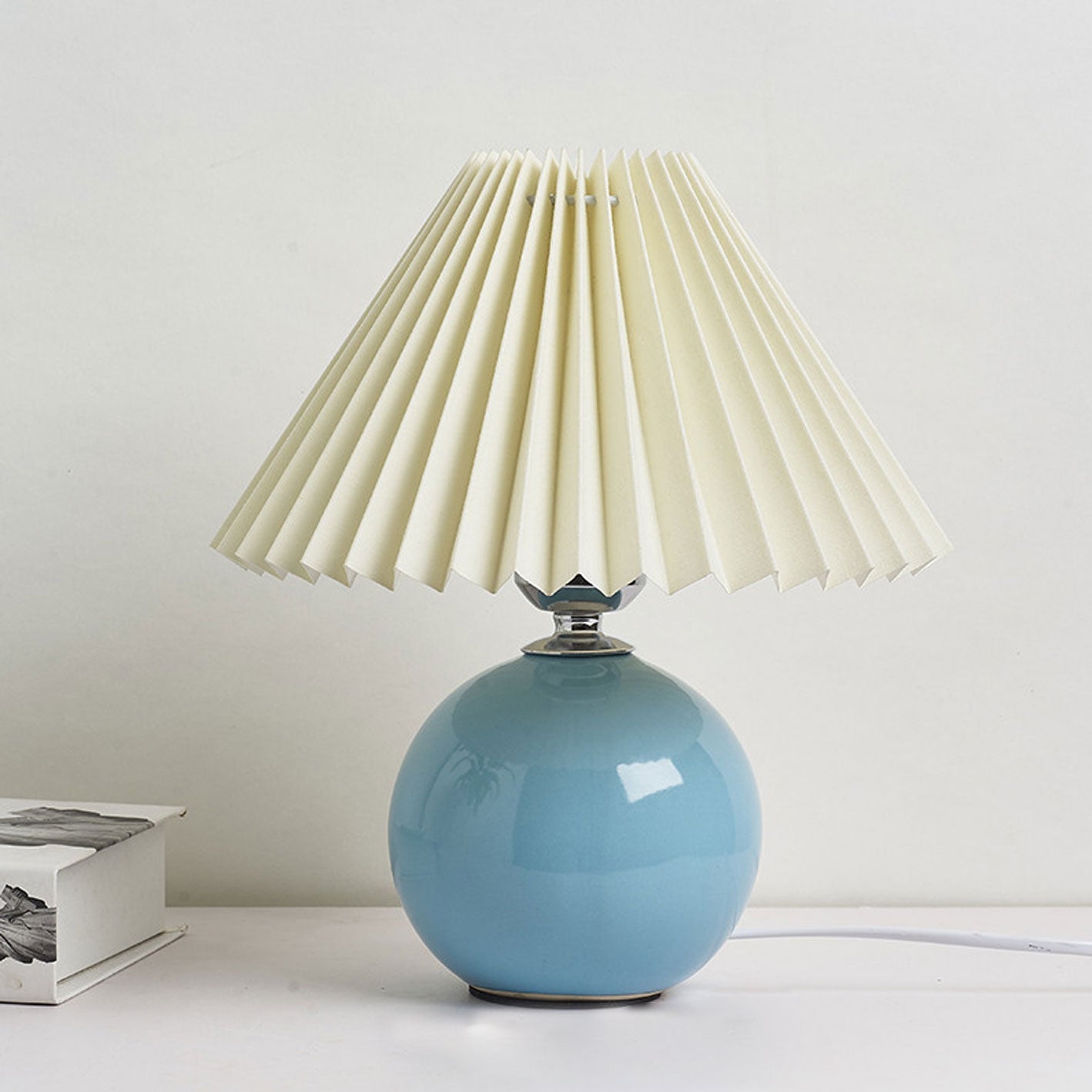 Pleated Table Lamp - Ceramic Base - Vintage Style Nightstand Lamp - Image 10