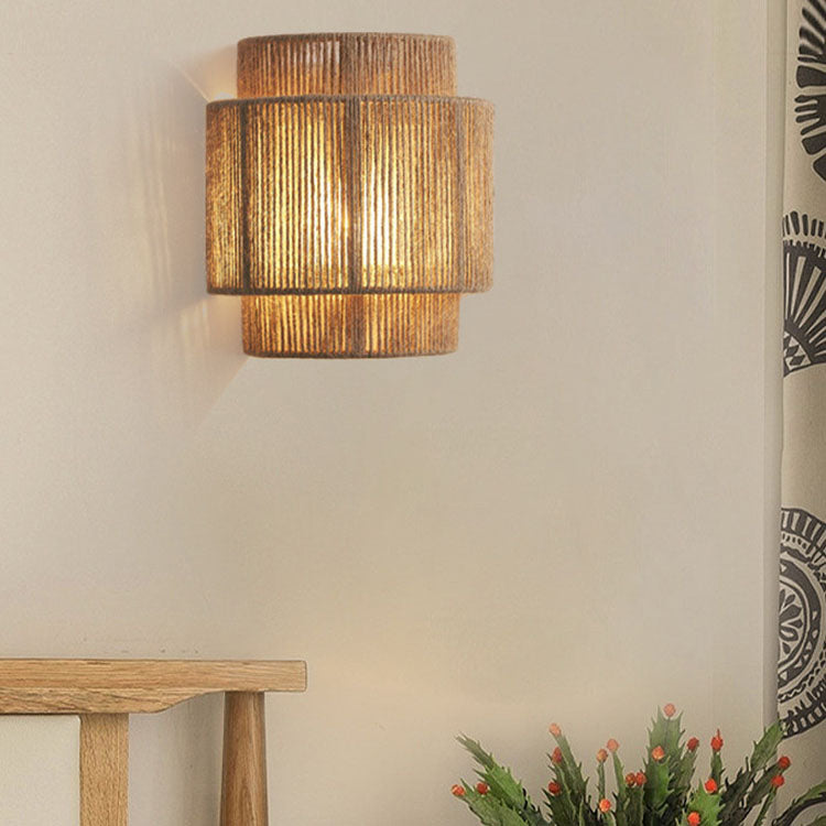 Rattan Rope Wall Sconce - Tiered Cylinder Shade - Coastal Modern Lighting - Image 5