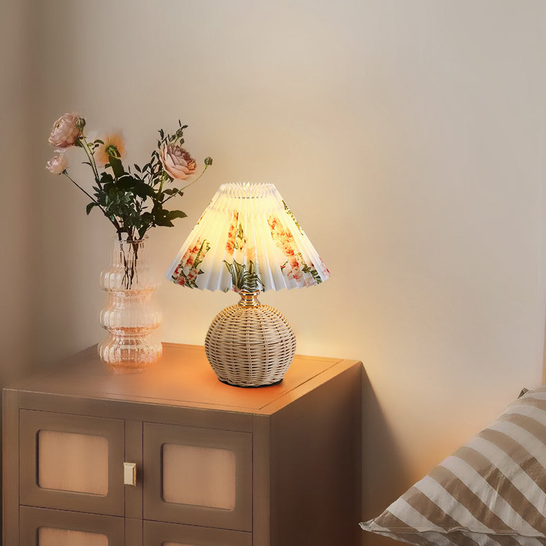 Rattan Sphere Table Lamp - Stylish Pleated Fabric Shade - Conic Design - USB Powered - Image 4