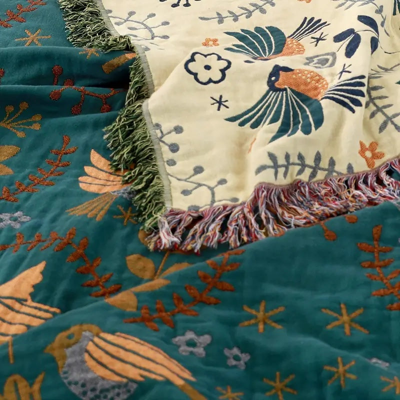 Reversible Scandinavian Bird Print 100% Cotton Blanket