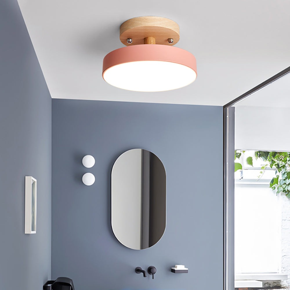 Round LED Ceiling Light - Wooden Base - Modern Semi-Flush Mount Lamp - Available in Multiple Colors - Image 3