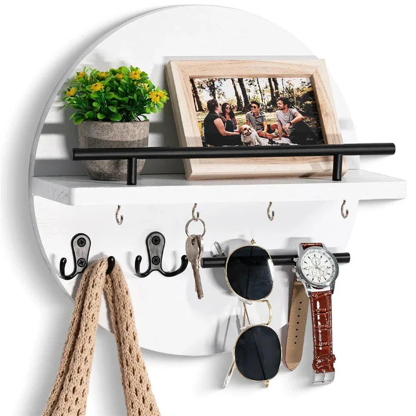 Round Wooden Shelf with Key Hooks - Entryway Organizer - Wall Mounted Shelf - Image 5