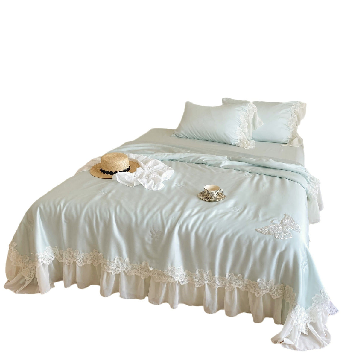 Satin Bedding Set with Butterfly Pearl Embroidery and Lace Trim
