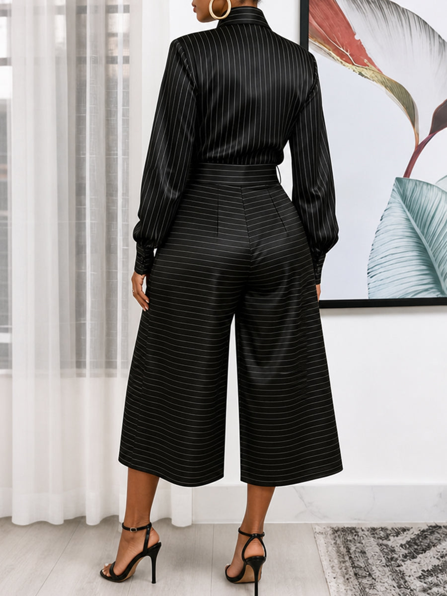 Striped Button-Down Long-Sleeve Lapel Blouse
