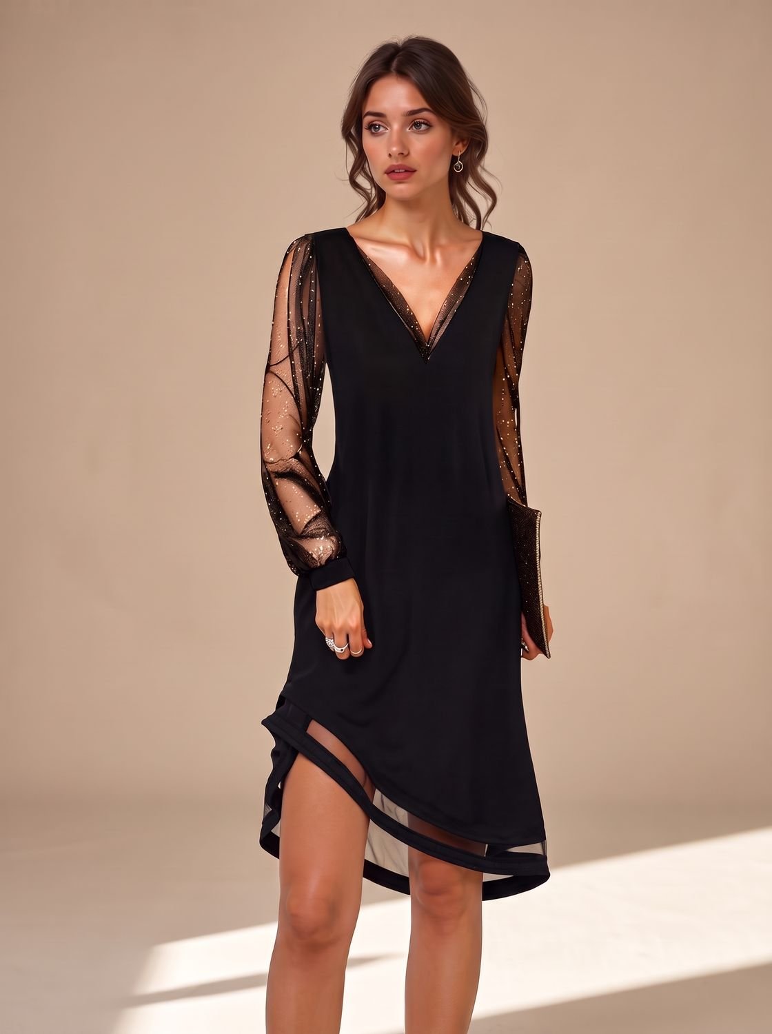 Women's Black Christmas Party Mini Dress with Sheer Sequin Long Sleeves