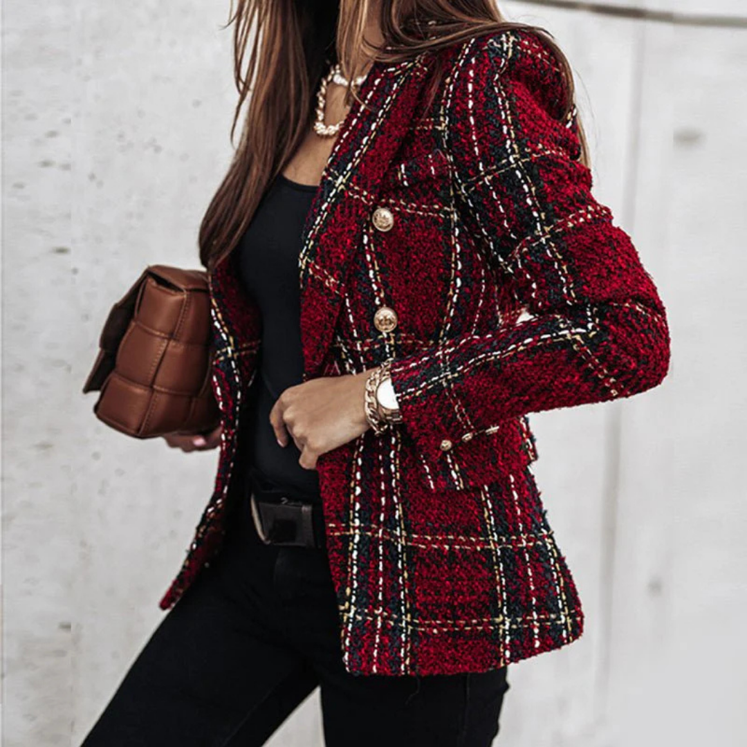 Women's Blazer – Classic Plaid, Lapel Collar & Long-Sleeve Button Design