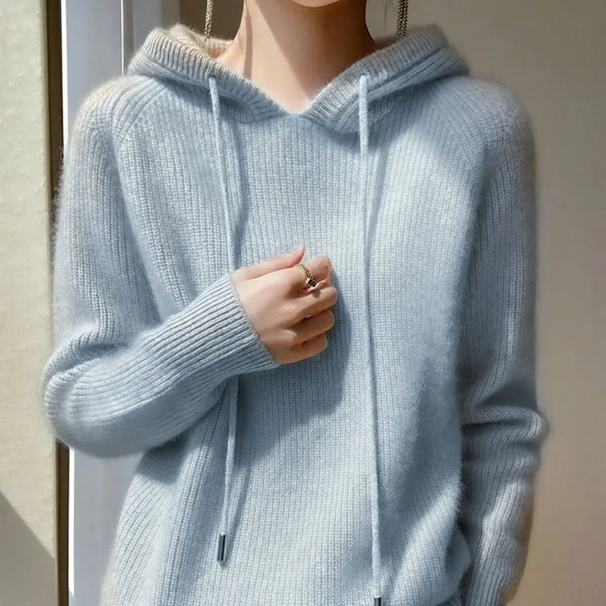 Women's Cashmere-Mink Blend Knit Jumper with Drawstring Hood
