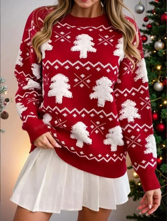 Women's Christmas Tree Pattern Jacquard Crewneck Sweater in Cotton-Nylon Blend - Winter Style