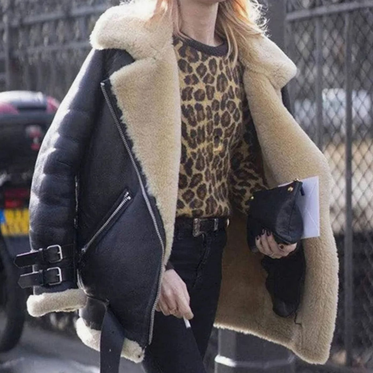 Women's Faux Fur-Lined Shearling Moto Jacket with Buckles and Zip