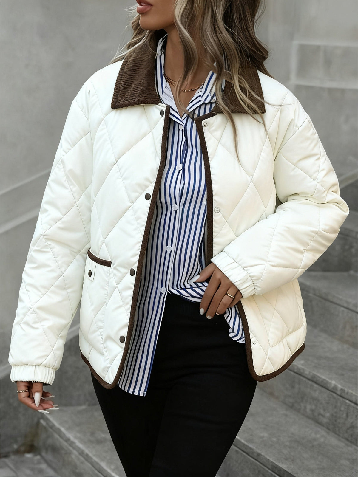 Women's Lightly Padded Diamond-Quilted Winter Jacket – Coffee Brown or Off-White