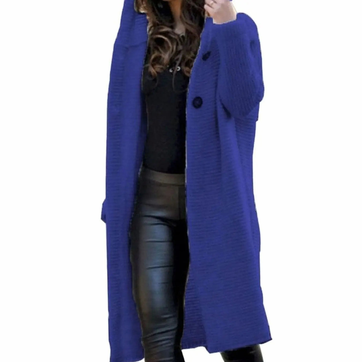Women's Long Hooded Ribbed Knit Maxi Cardigan with Open Front