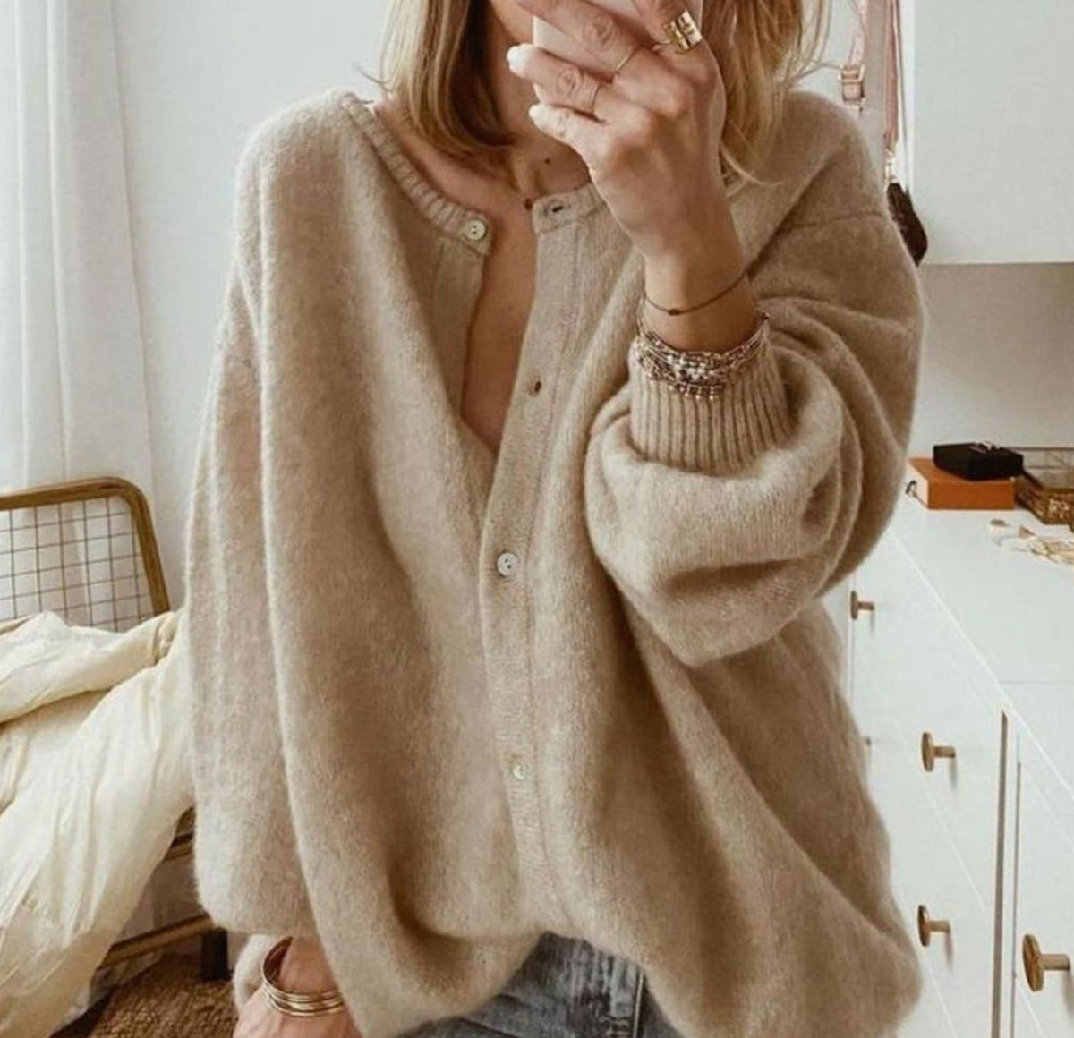 Women's Oversized Button-Up Knit Cardigan with Ribbed Cuffs