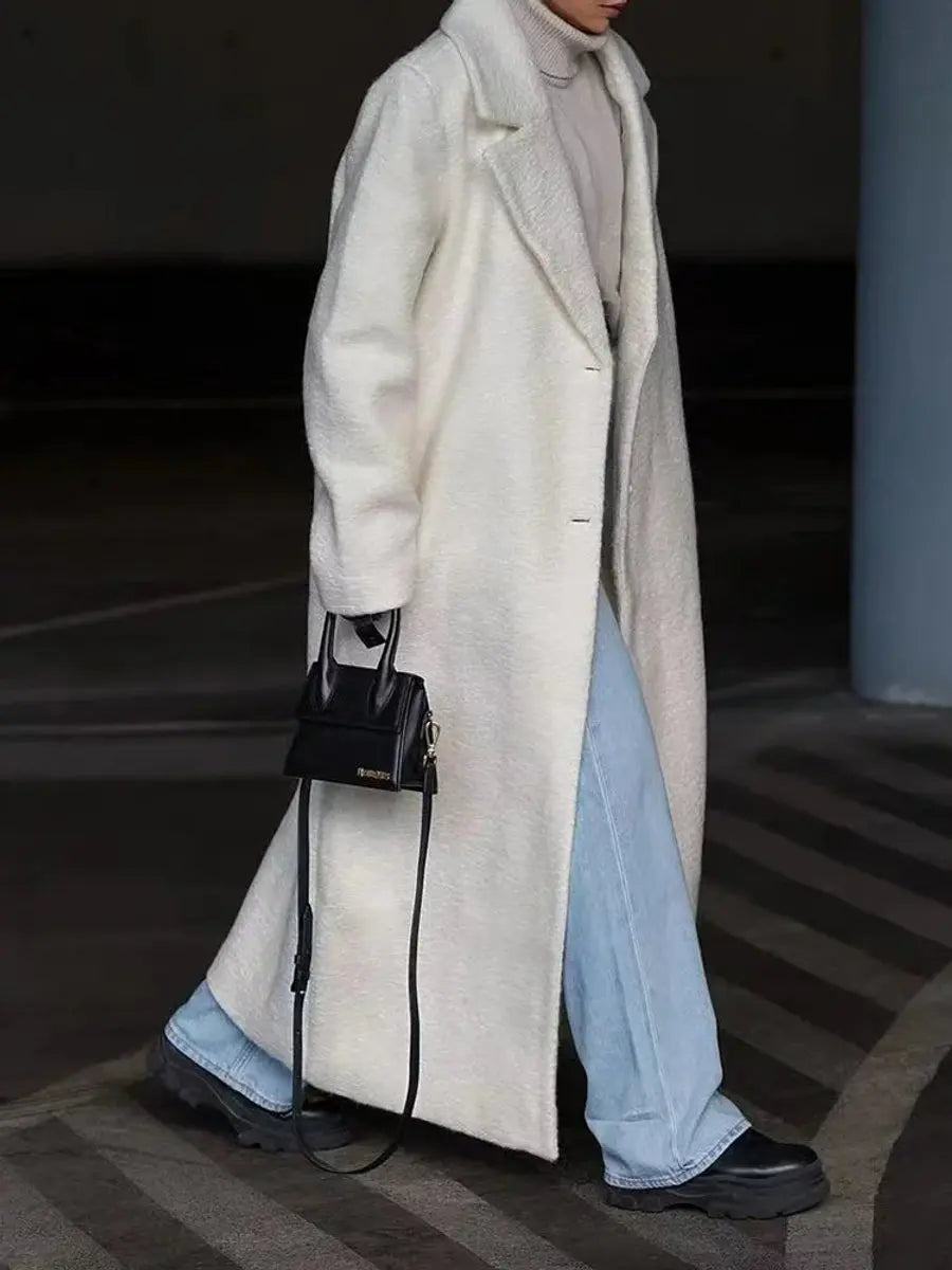 Women's Oversized Lapel Single-Breasted Long Wool-Look Coat