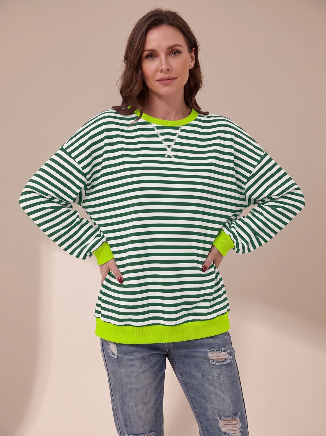 Women's Oversized Retro Striped Crewneck Sweatshirt