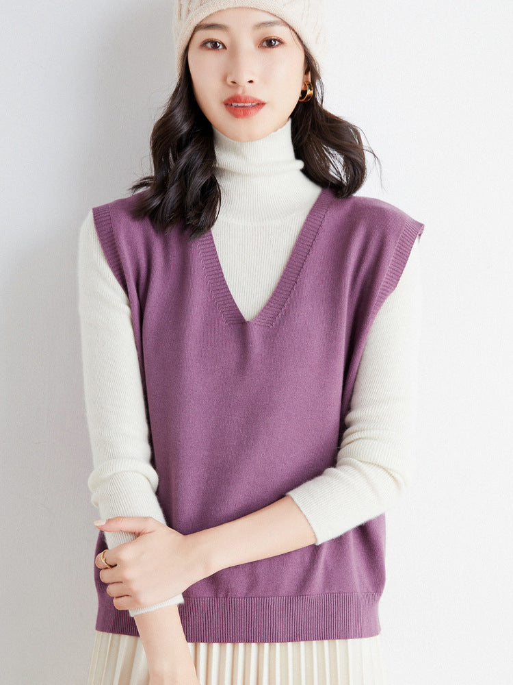 Women's Oversized V-Neck Fine-Knit Vest with Ribbed Hem