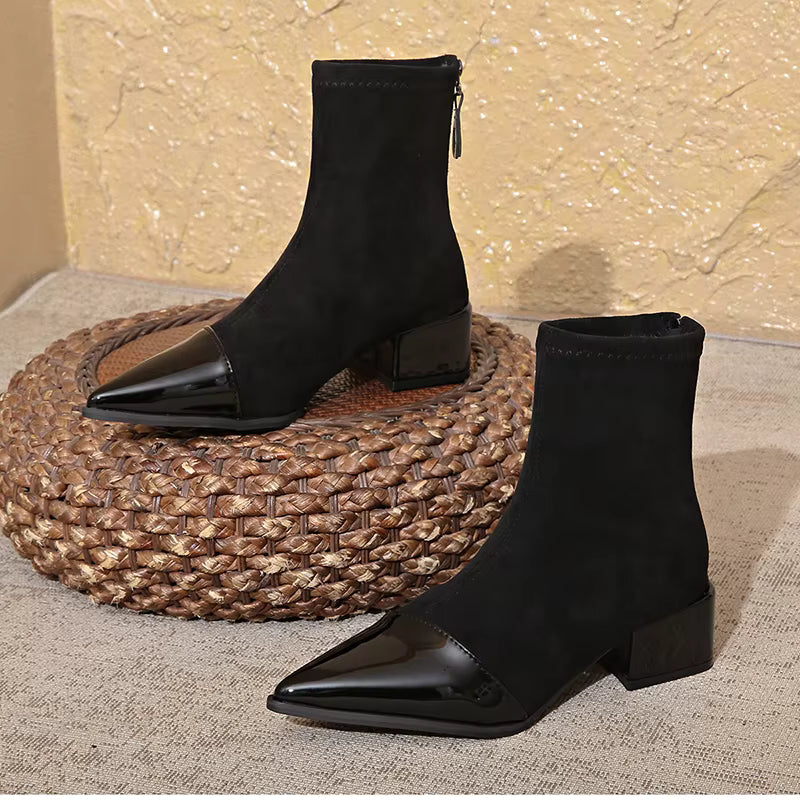 Women's Pointed Toe Zip-Up Block Heel Ankle Boots