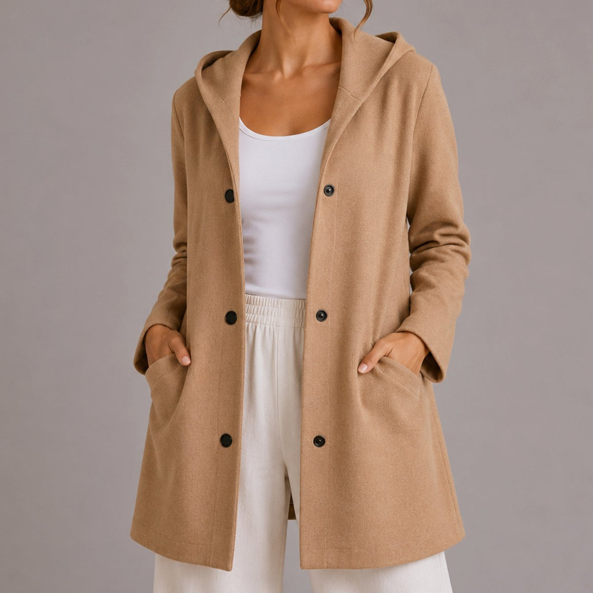 Women's Relaxed-Fit Hooded Button-Up Cardigan with Pockets