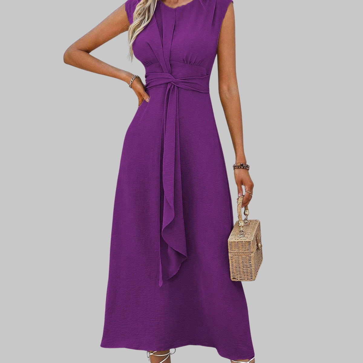 Women's Sleeveless Tie-Waist Round Neck Midi Cocktail Dress