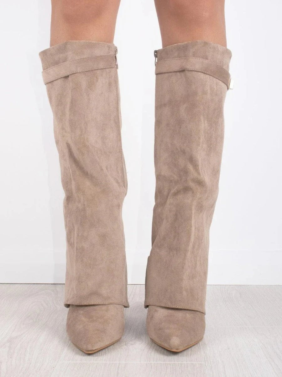 Women's Suede Fold-Over Knee-High Boots with Gold Clasp