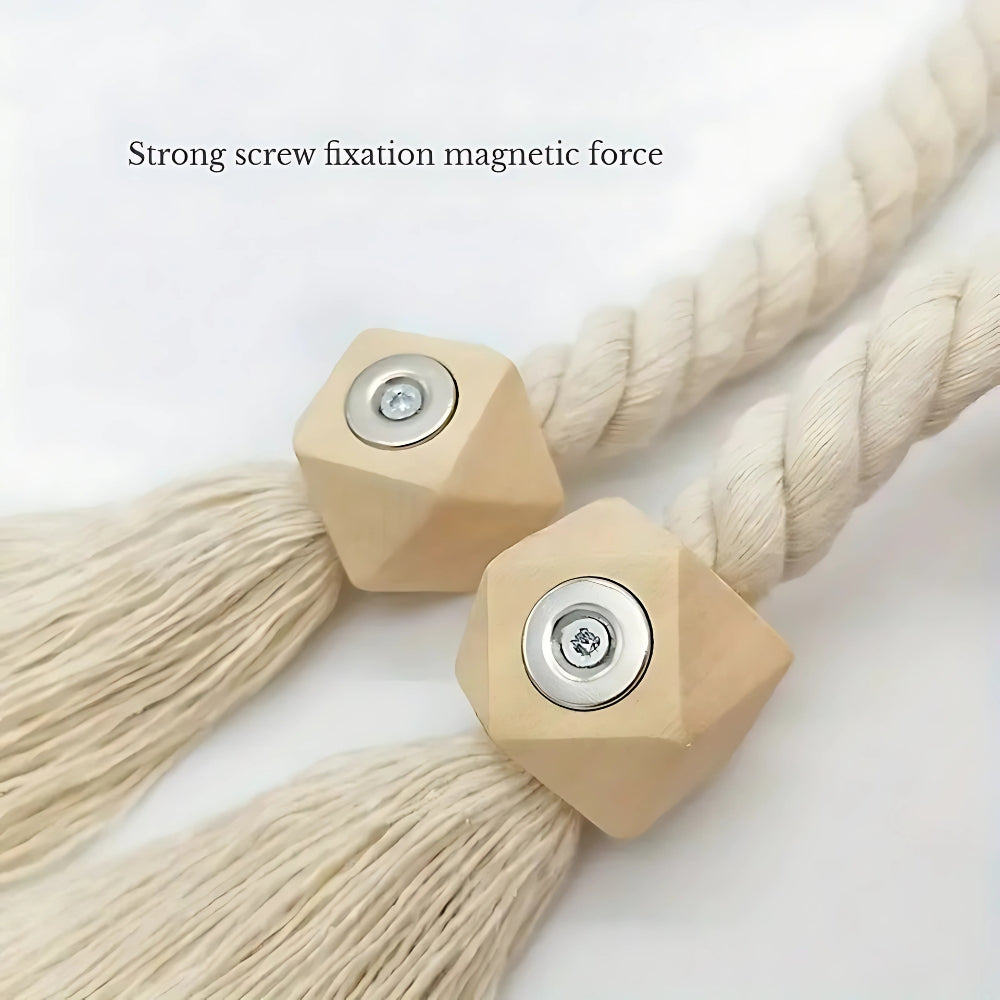 Wooden Bead Curtain Tie Backs - Natural Cotton Rope Tassel - 2 Pcs Set - Image 5