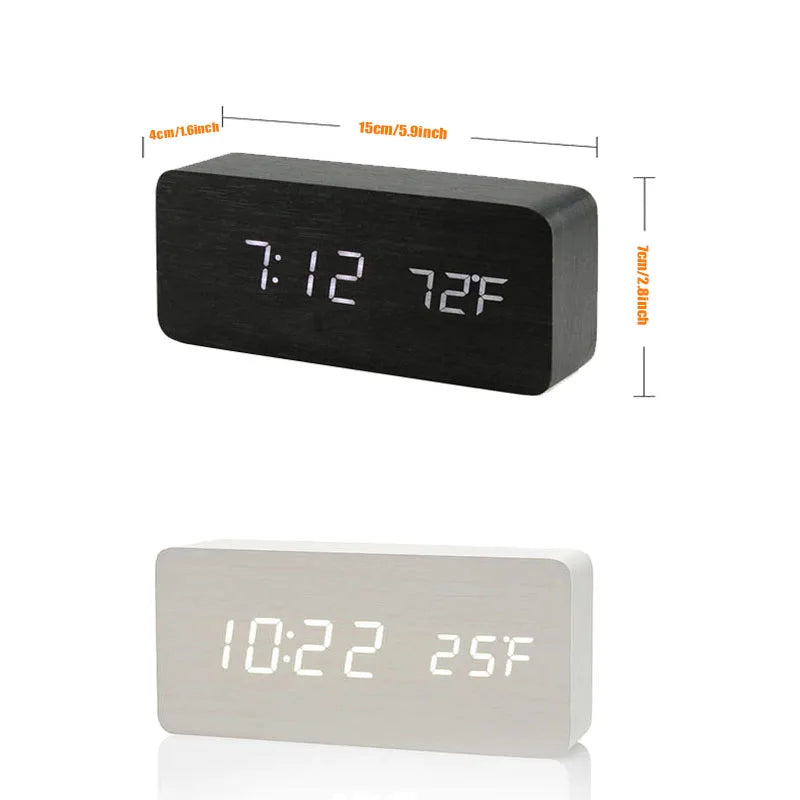Wooden Digital LED Alarm Clock - Stylish with Temperature Display