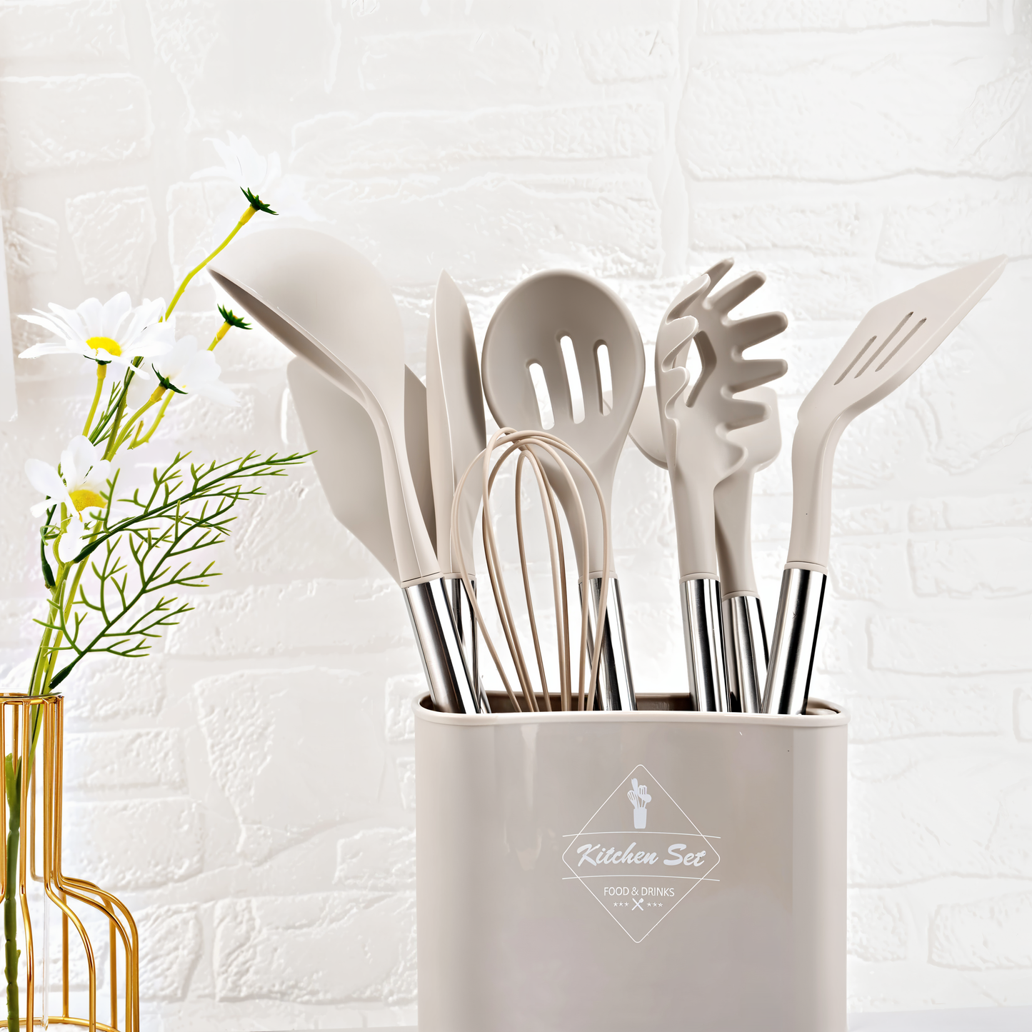 12-Piece Kitchen Utensil Set - Silicone and Stainless Steel - Stylish Cooking Tools with Holder - Image 1