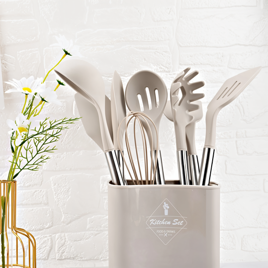 12-Piece Kitchen Utensil Set - Silicone and Stainless Steel - Stylish Cooking Tools with Holder - Image 1