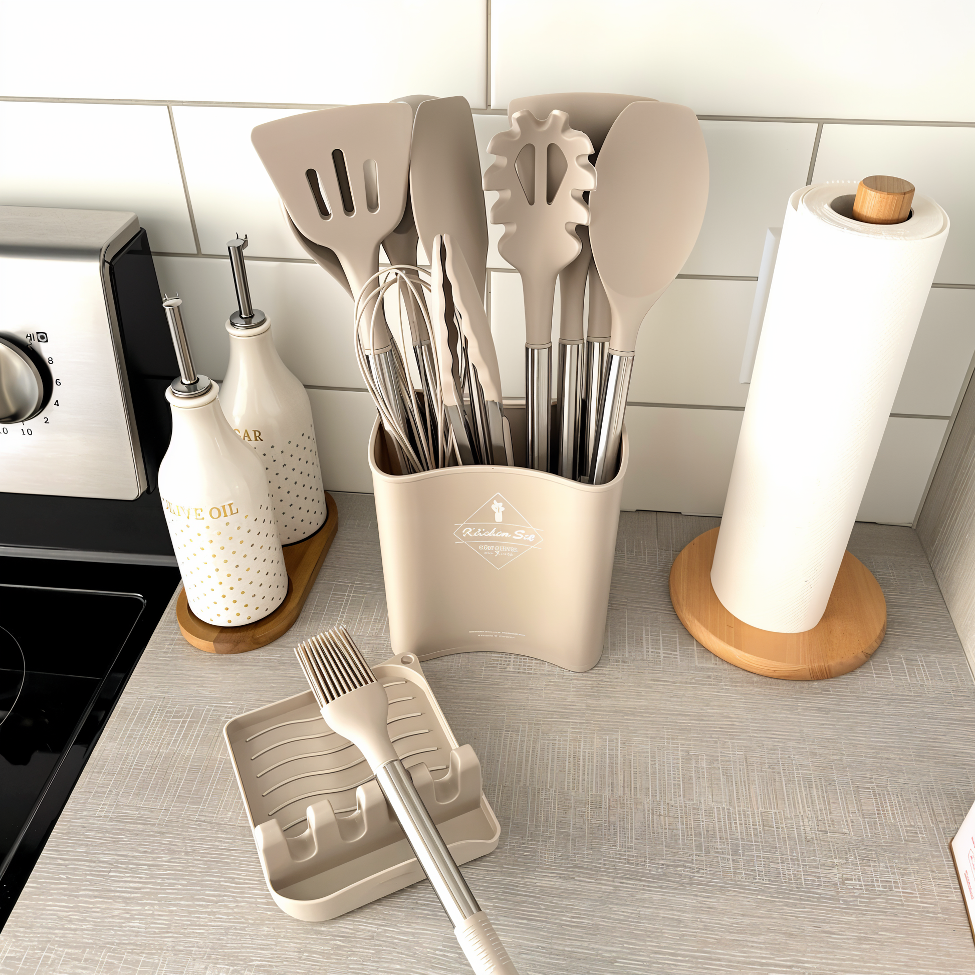 12-Piece Kitchen Utensil Set - Silicone and Stainless Steel - Stylish Cooking Tools with Holder - Image 2