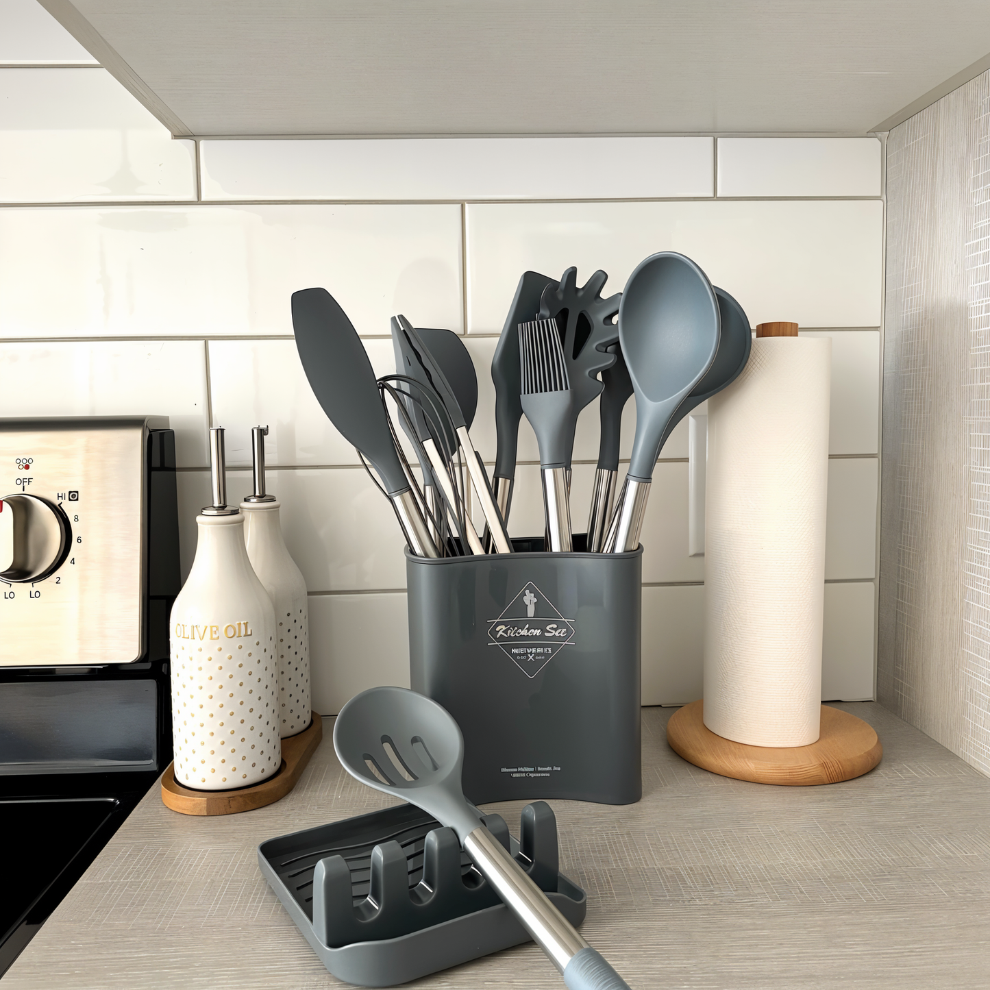 12-Piece Kitchen Utensil Set - Silicone and Stainless Steel - Stylish Cooking Tools with Holder - Image 3