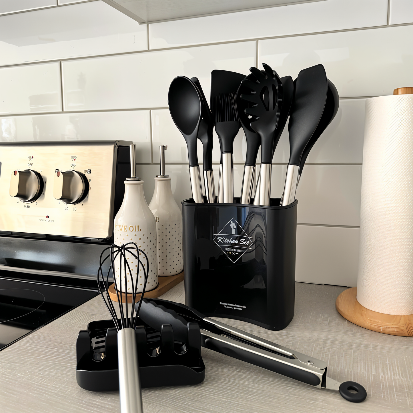 12-Piece Kitchen Utensil Set - Silicone and Stainless Steel - Stylish Cooking Tools with Holder - Image 6