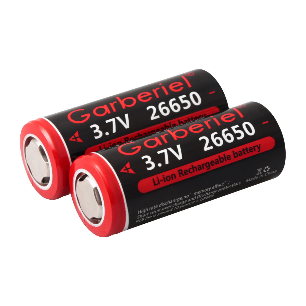 26650 Li-ion 3.7V Rechargeable Flat Top Batteries - 2 Pack