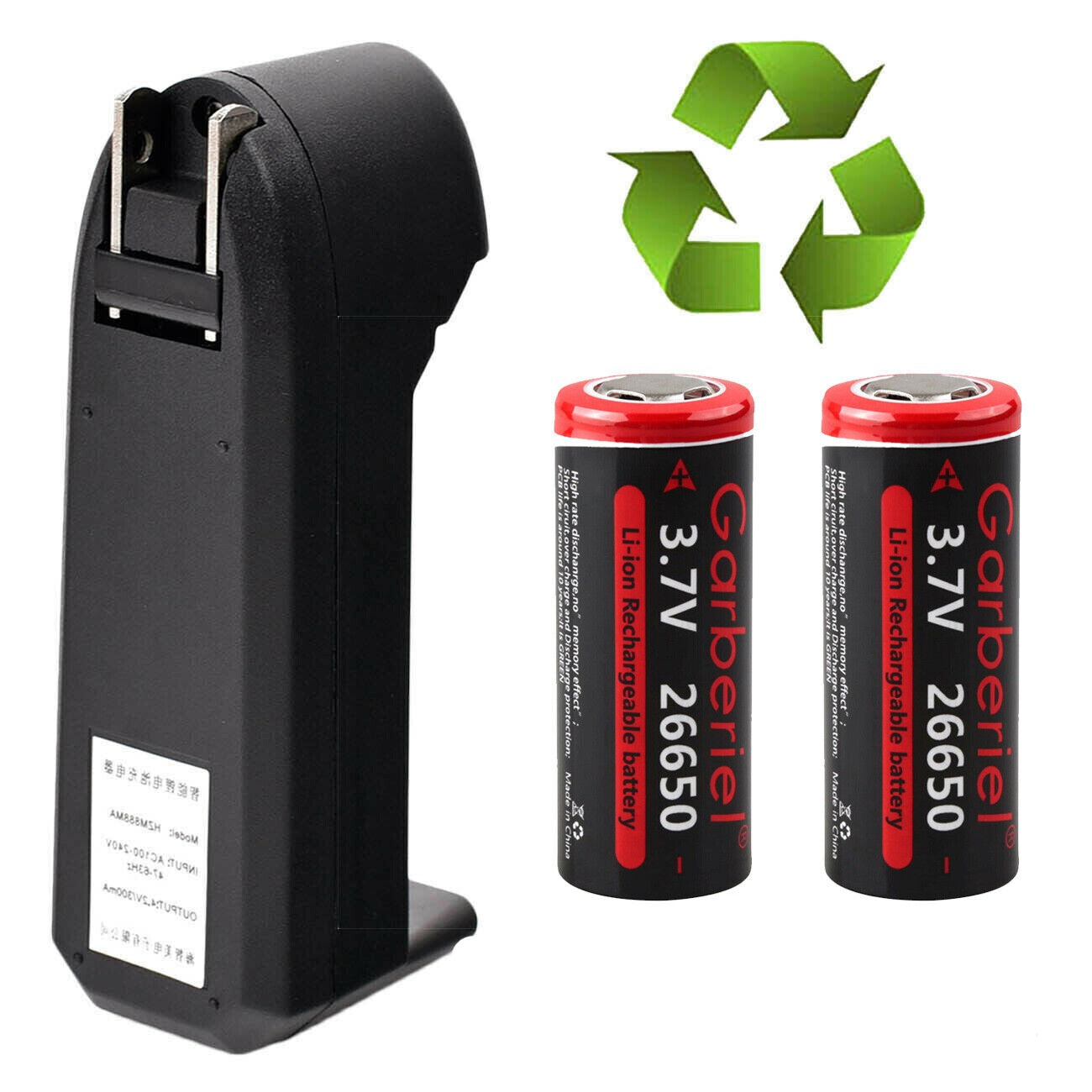 26650 Li-ion 3.7V Rechargeable Flat Top Batteries - 2 Pack
