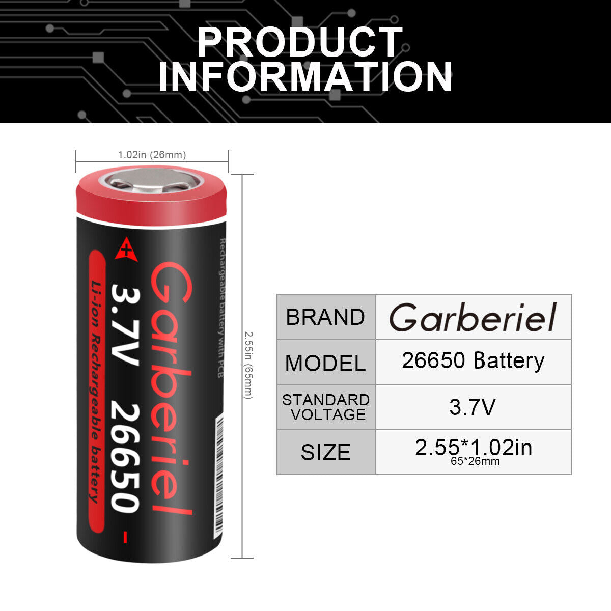 26650 Li-ion 3.7V Rechargeable Flat Top Batteries - 2 Pack